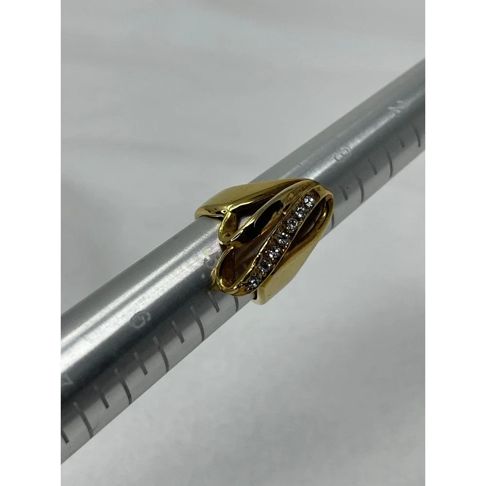 Vintage Gold Tone Sculptural Bypass Statement Ring Crystal Accents Size 4.5